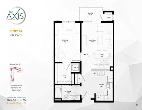 Floor plan for 1 bed, 1 bath, 728 sqft